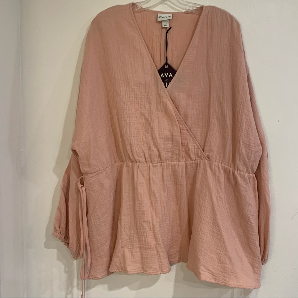 Ava & Viv V Neck Balloon Sleeve Blush Top Women's Plus Size 2X Peasant Boho